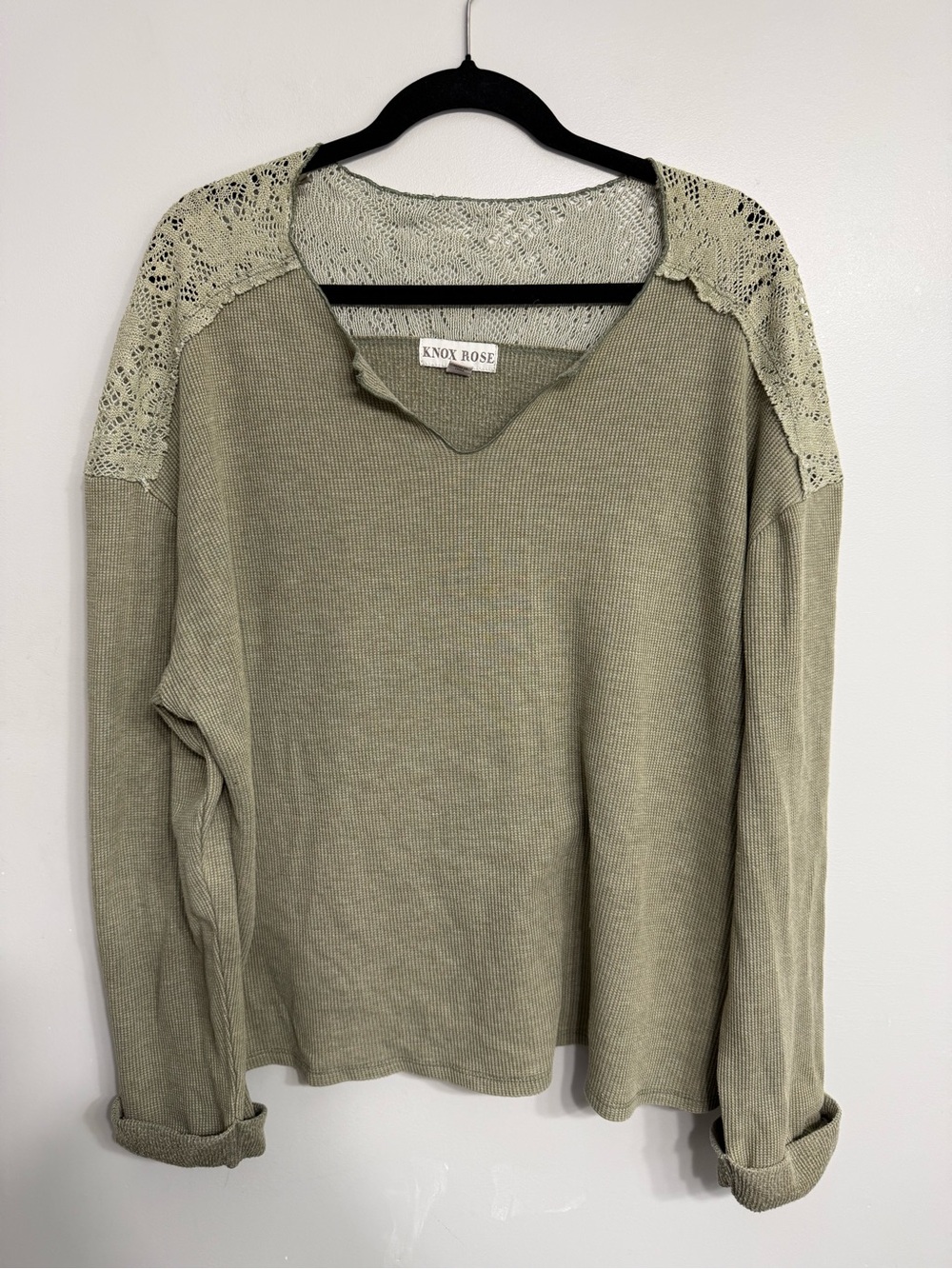 Knox Rose Olive Lace-Shoulder V-Neck Pullover